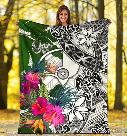 Yap Premium Blanket White - Turtle Plumeria Banana Leaf