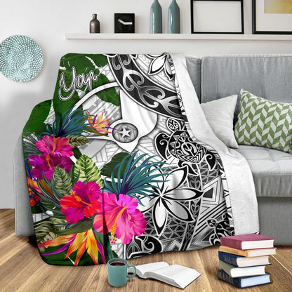 Yap Premium Blanket White - Turtle Plumeria Banana Leaf