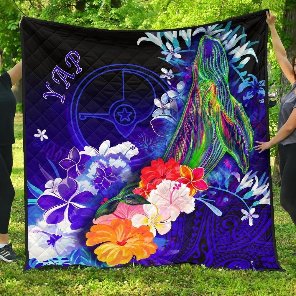 Yap Premium Quilt - Humpback Whale with Tropical Flowers (Blue)