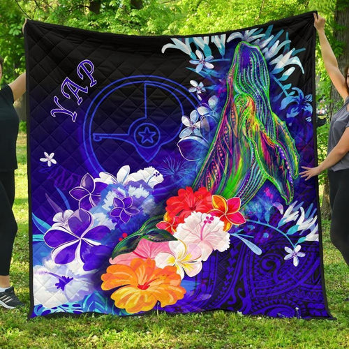 Yap Premium Quilt - Humpback Whale with Tropical Flowers (Blue)