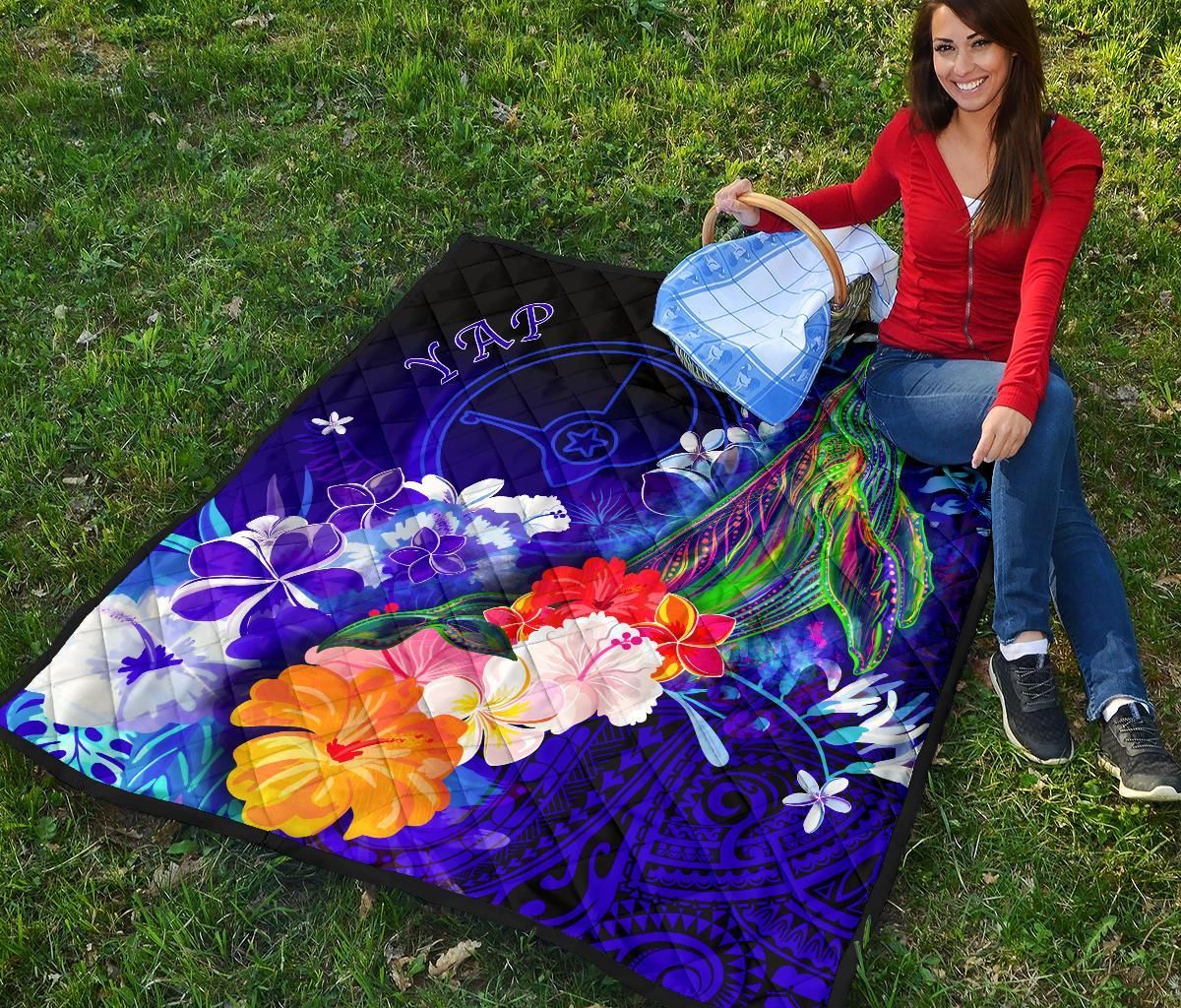 Yap Premium Quilt - Humpback Whale with Tropical Flowers (Blue)