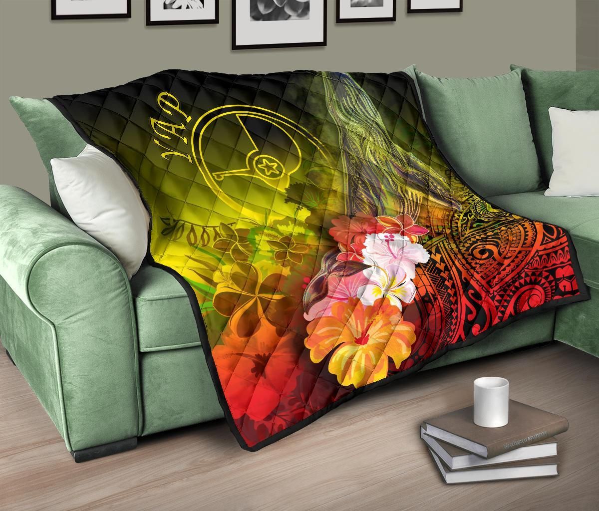 Yap Premium Quilt - Humpback Whale with Tropical Flowers (Yellow)