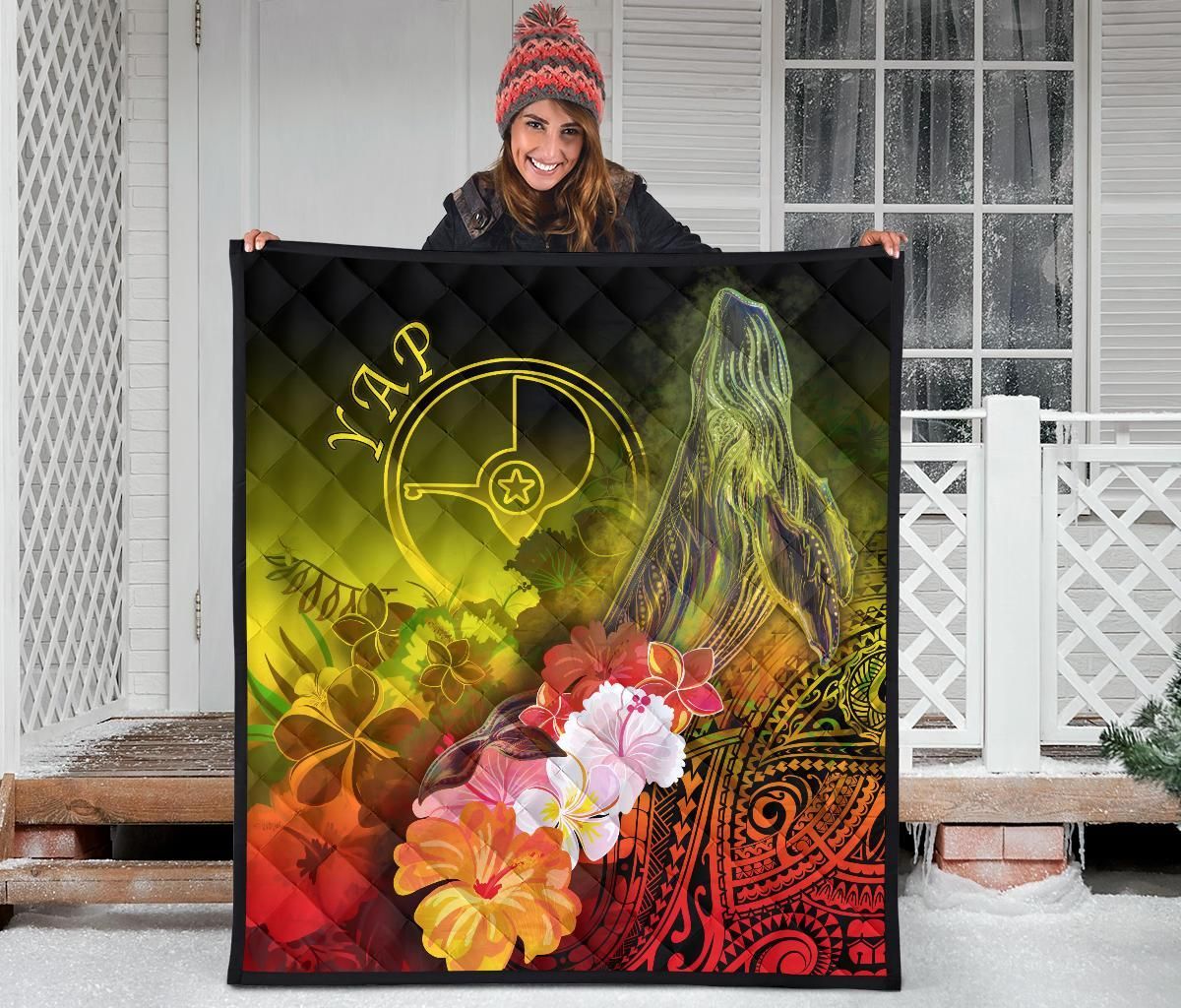 Yap Premium Quilt - Humpback Whale with Tropical Flowers (Yellow)