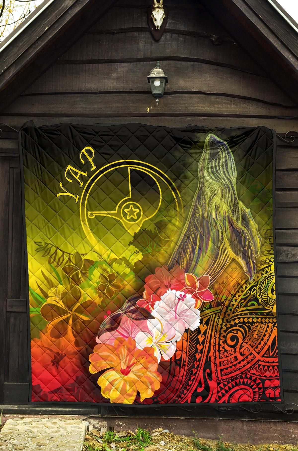 Yap Premium Quilt - Humpback Whale with Tropical Flowers (Yellow)