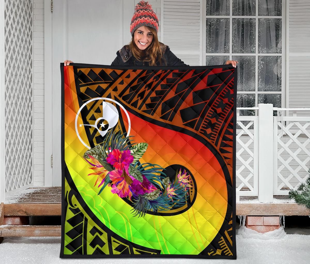 Yap Premium Quilt - Polynesian Hook And Hibiscus (Reggae)