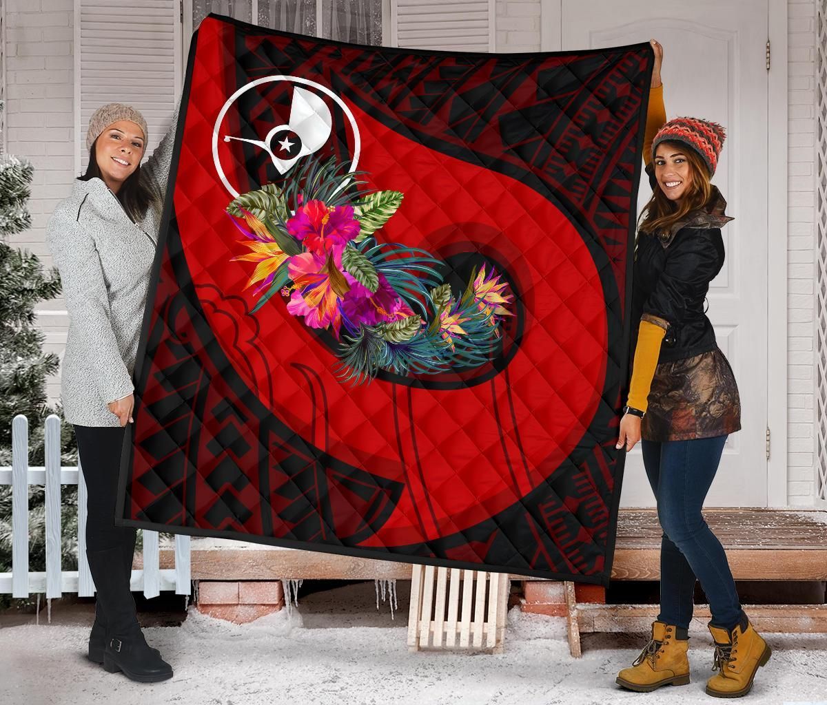 Yap Premium Quilt - Polynesian Hook And Hibiscus (Red)