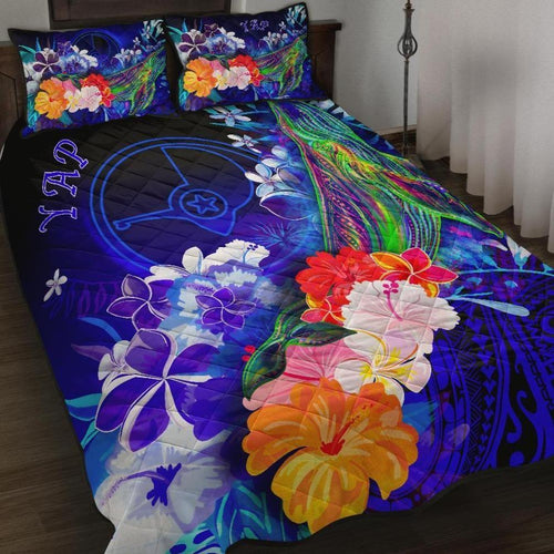 Yap Quilt Bed Set - Humpback Whale with Tropical Flowers (Blue)