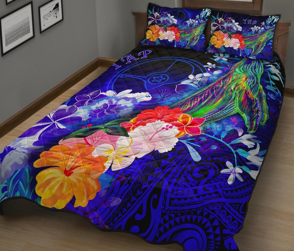 Yap Quilt Bed Set - Humpback Whale with Tropical Flowers (Blue)