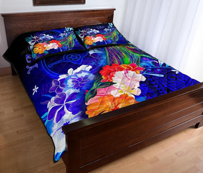 Yap Quilt Bed Set - Humpback Whale with Tropical Flowers (Blue)
