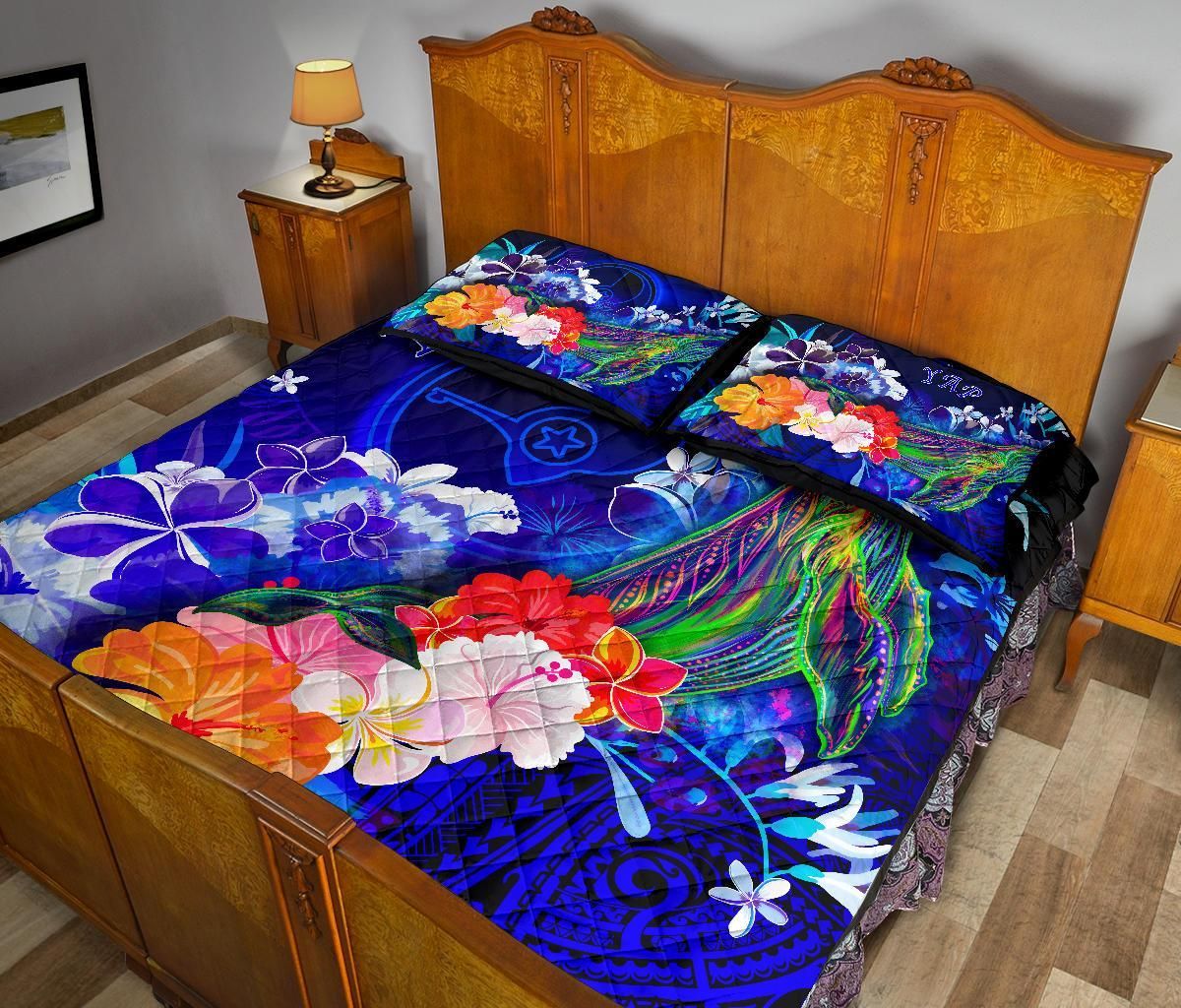 Yap Quilt Bed Set - Humpback Whale with Tropical Flowers (Blue)