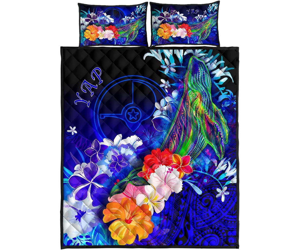 Yap Quilt Bed Set - Humpback Whale with Tropical Flowers (Blue)