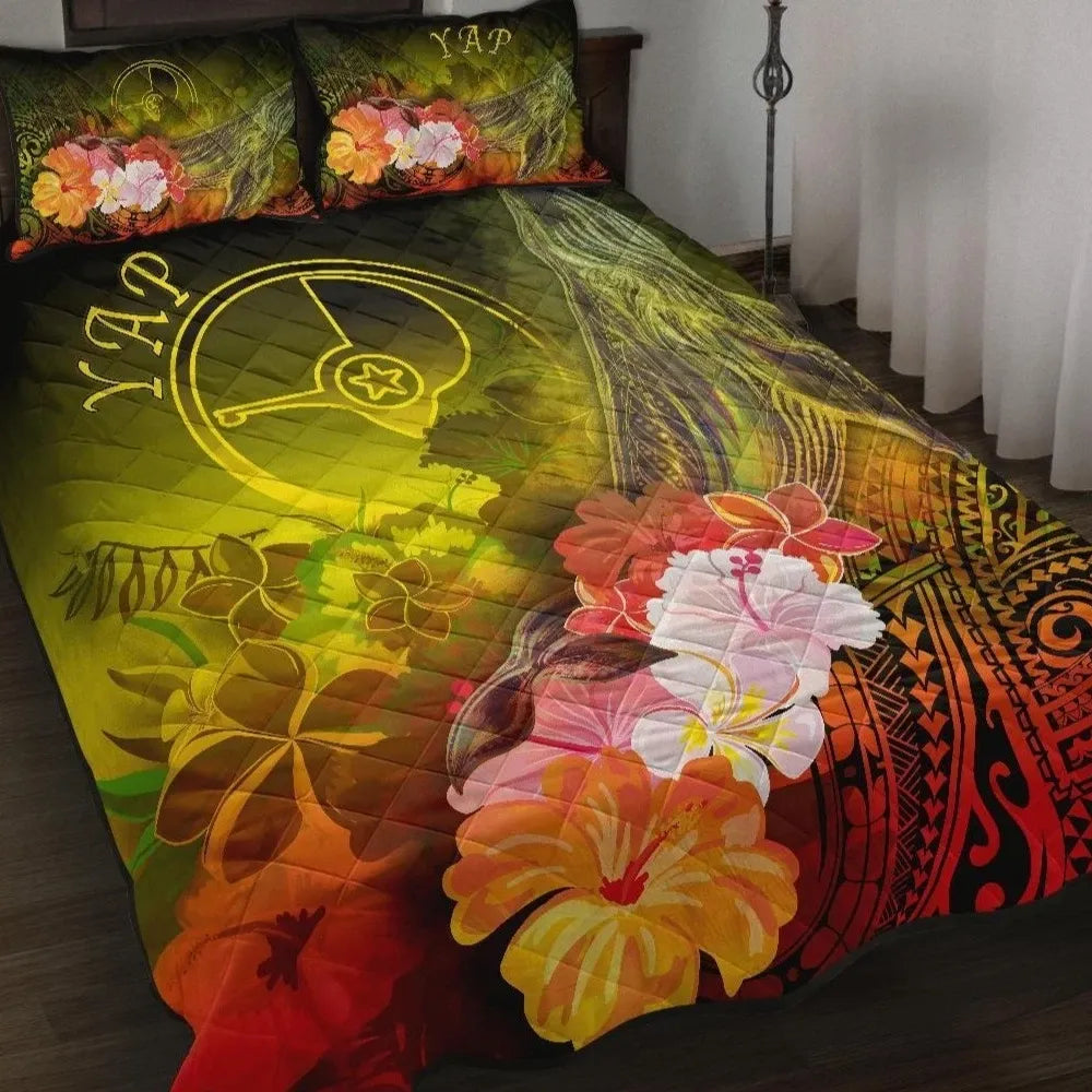 Yap Quilt Bed Set - Humpback Whale with Tropical Flowers (Yellow)