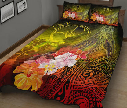 Yap Quilt Bed Set - Humpback Whale with Tropical Flowers (Yellow)