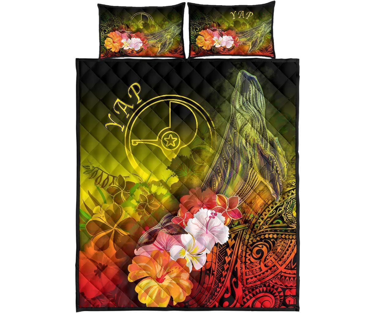 Yap Quilt Bed Set - Humpback Whale with Tropical Flowers (Yellow)