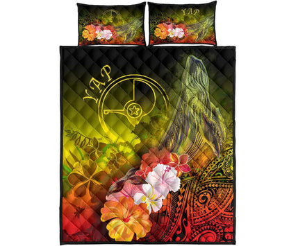 Yap Quilt Bed Set - Humpback Whale with Tropical Flowers (Yellow)
