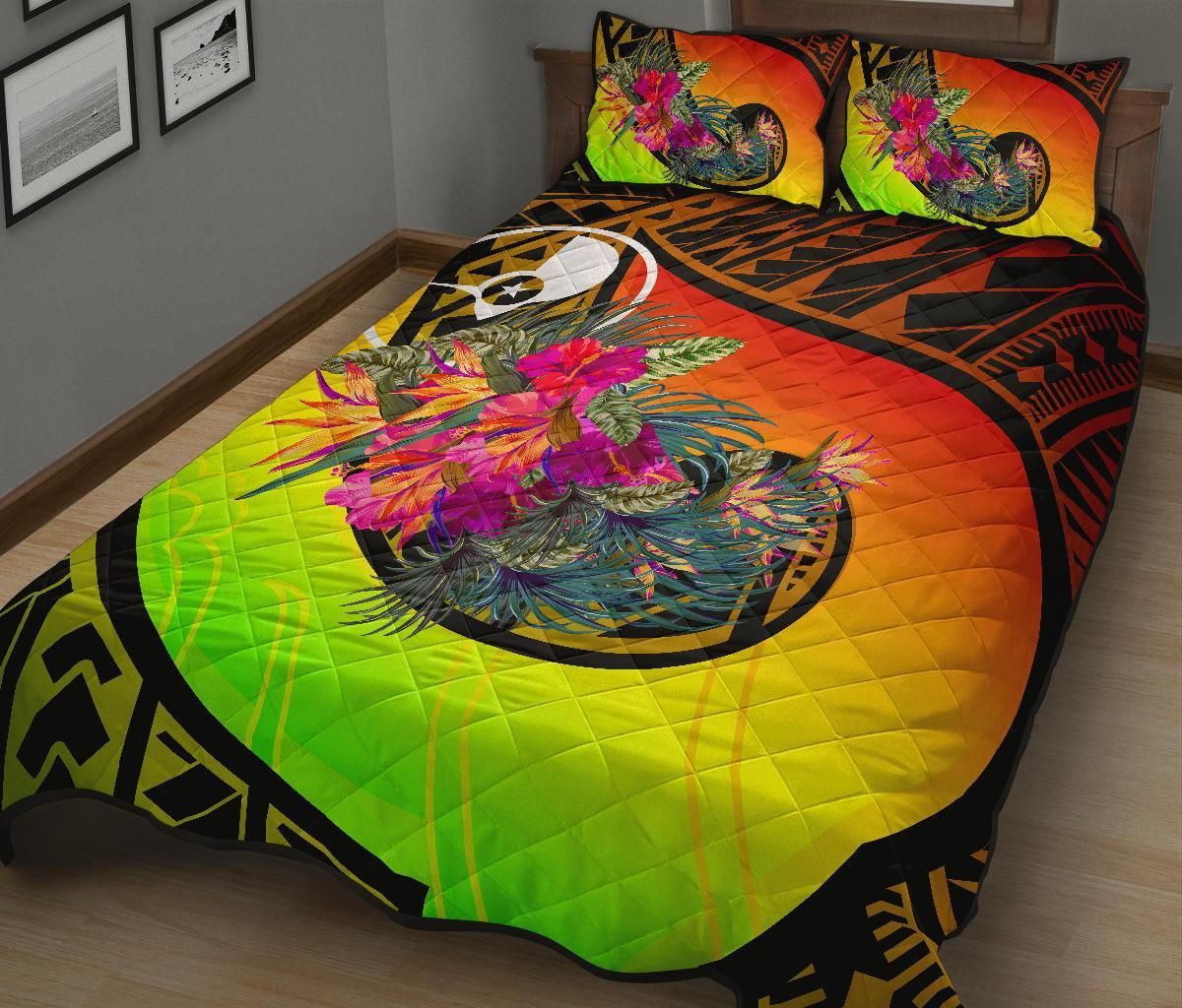 Yap Quilt Bed Set - Polynesian Hook And Hibiscus (Reggae)