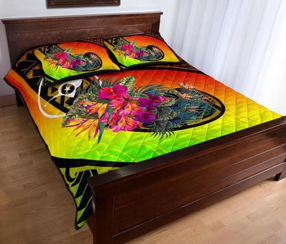 Yap Quilt Bed Set - Polynesian Hook And Hibiscus (Reggae)