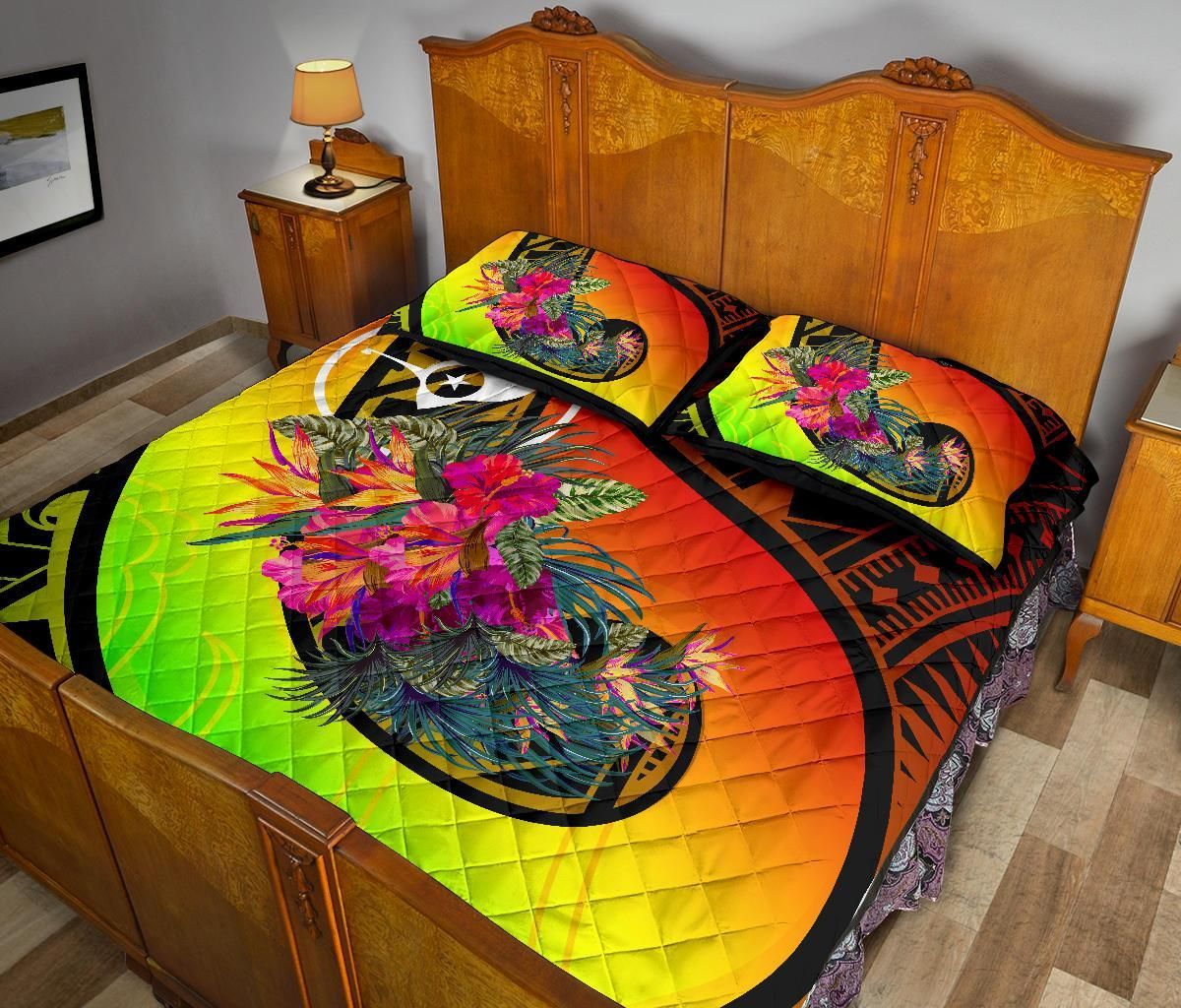 Yap Quilt Bed Set - Polynesian Hook And Hibiscus (Reggae)