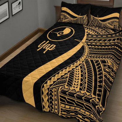 Yap Quilt Bed Set - Gold Polynesian Tentacle Tribal Pattern