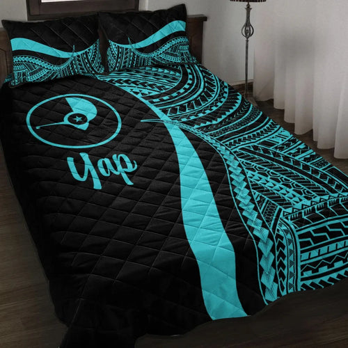 Yap Quilt Bed Set - Turquoise Polynesian Tentacle Tribal Pattern