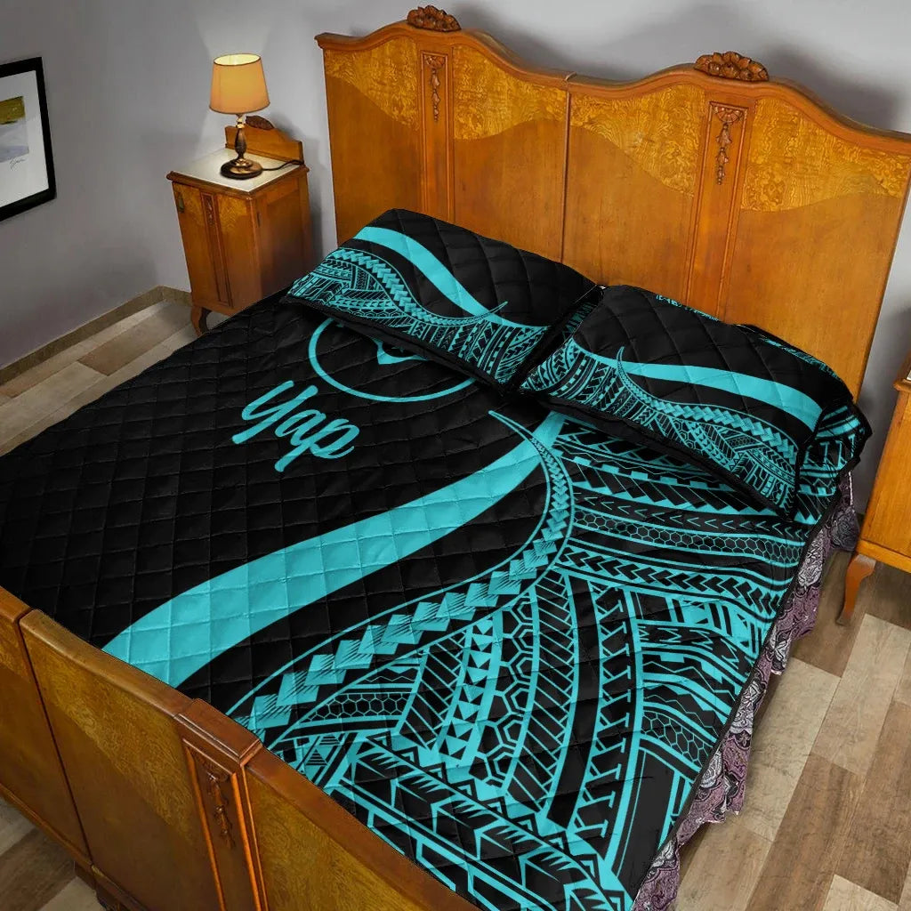 Yap Quilt Bed Set - Turquoise Polynesian Tentacle Tribal Pattern