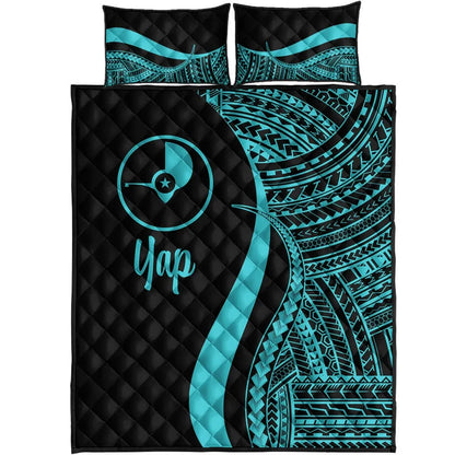 Yap Quilt Bed Set - Turquoise Polynesian Tentacle Tribal Pattern