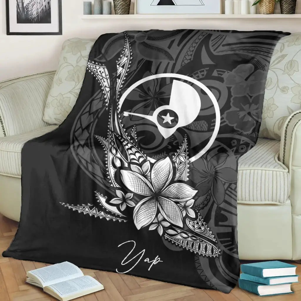 Yap State Premium Blanket - Fish With Plumeria Flowers Style