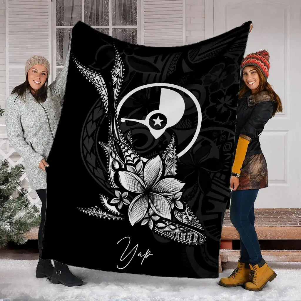 Yap State Premium Blanket - Fish With Plumeria Flowers Style
