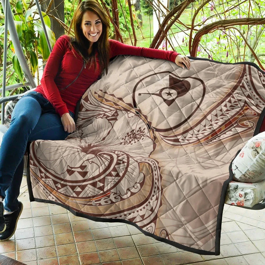 Yap State Premium Quilt - Hibiscus Flowers Vintage Style