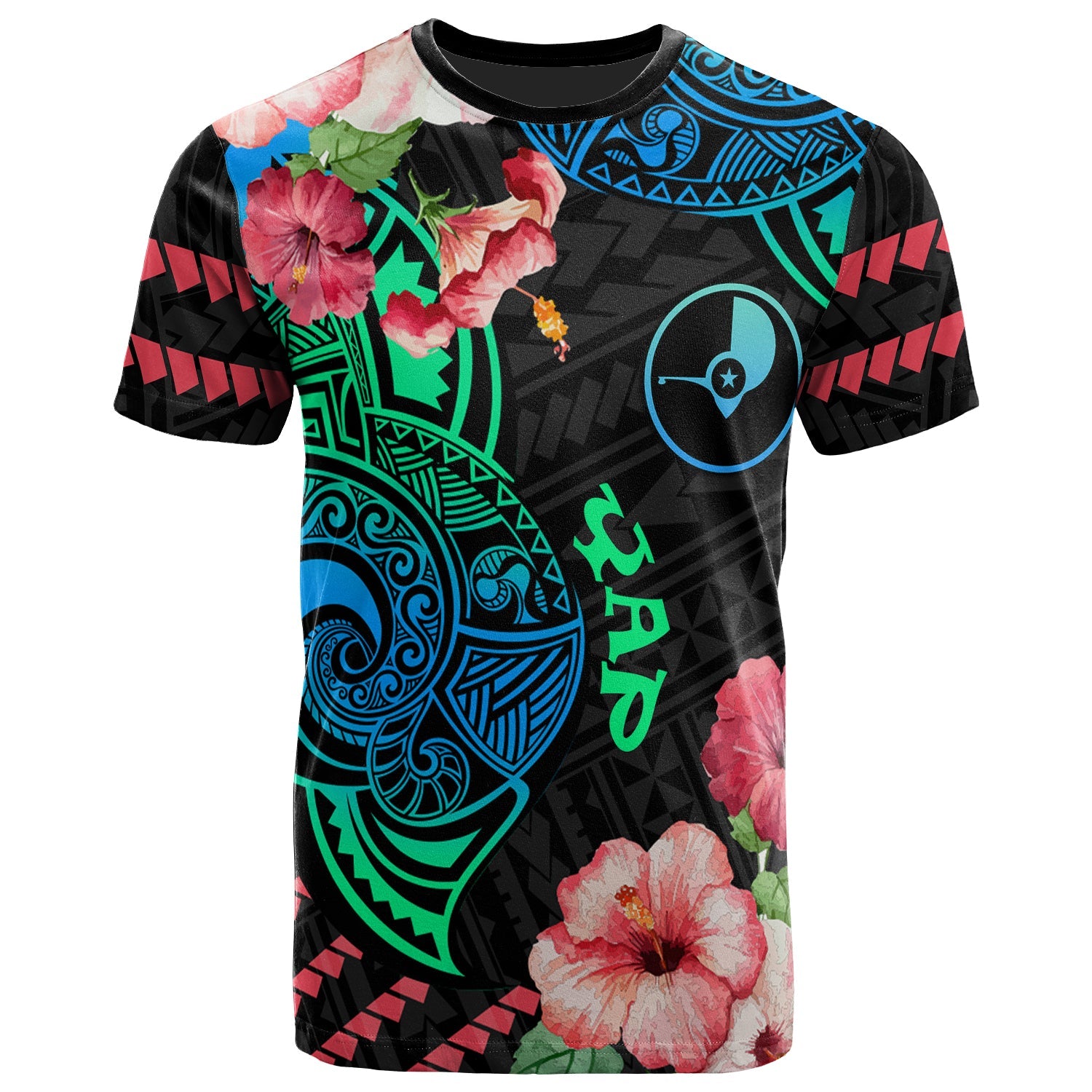 Yap T-Shirt - Polynesian Pride with Hibicus Flower Tribal Pattern
