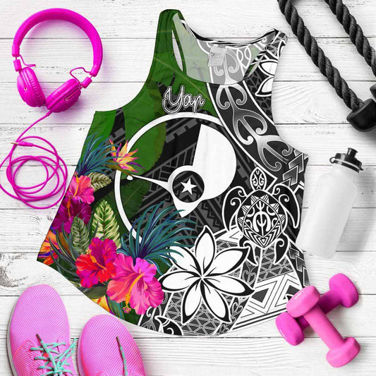 Yap Women Racerback Tank - Turtle Plumeria Banana Leaf