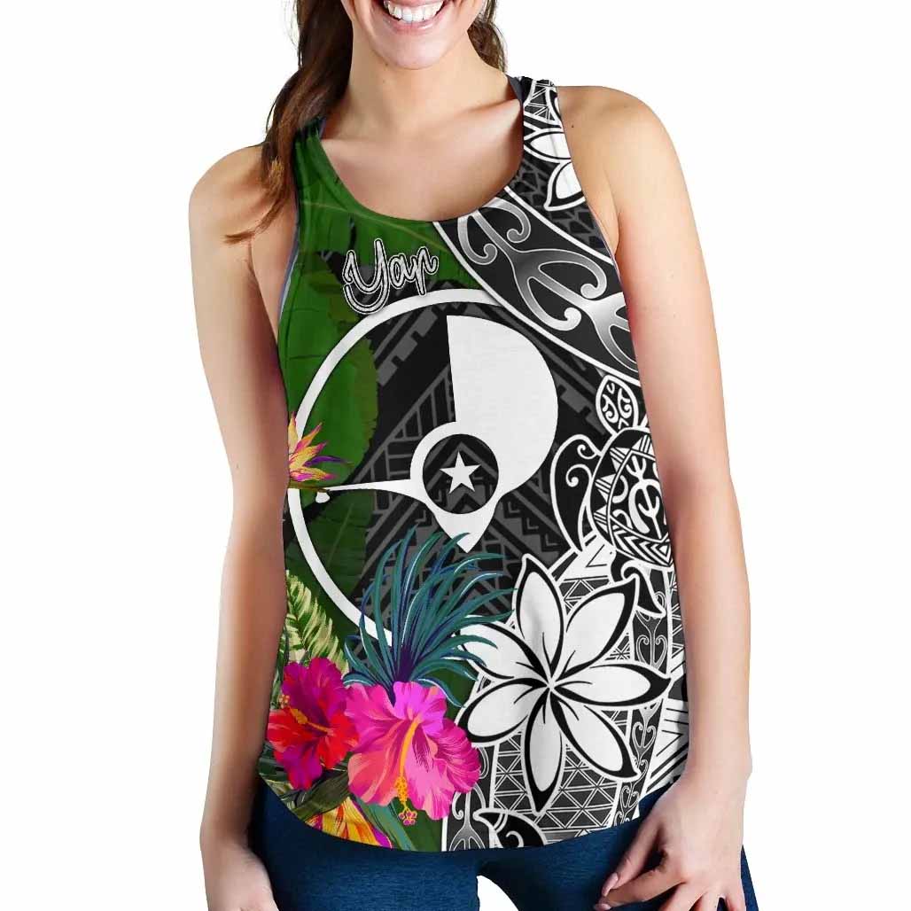 Yap Women Racerback Tank - Turtle Plumeria Banana Leaf