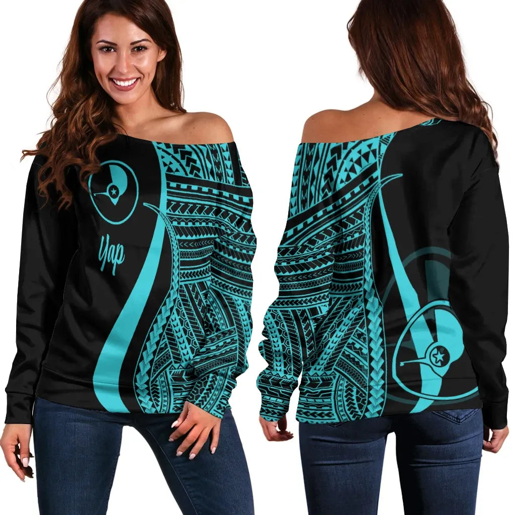 Yap Women Off Shoulder Sweater - Turquoise Polynesian Tentacle Tribal Pattern
