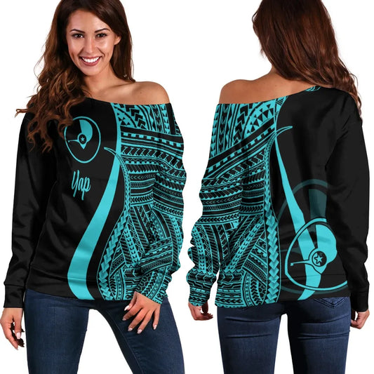 Yap Women Off Shoulder Sweater - Turquoise Polynesian Tentacle Tribal Pattern