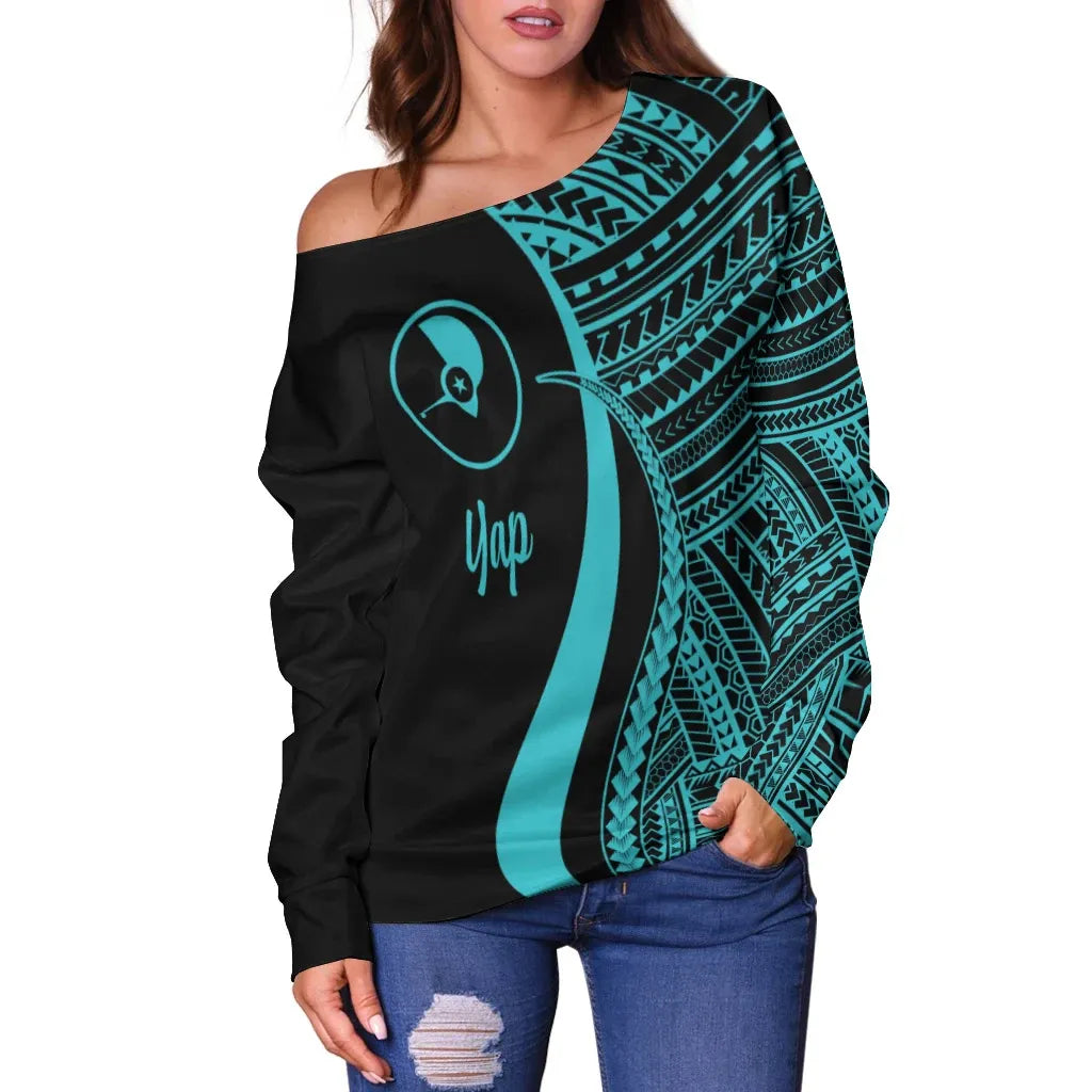 Yap Women Off Shoulder Sweater - Turquoise Polynesian Tentacle Tribal Pattern
