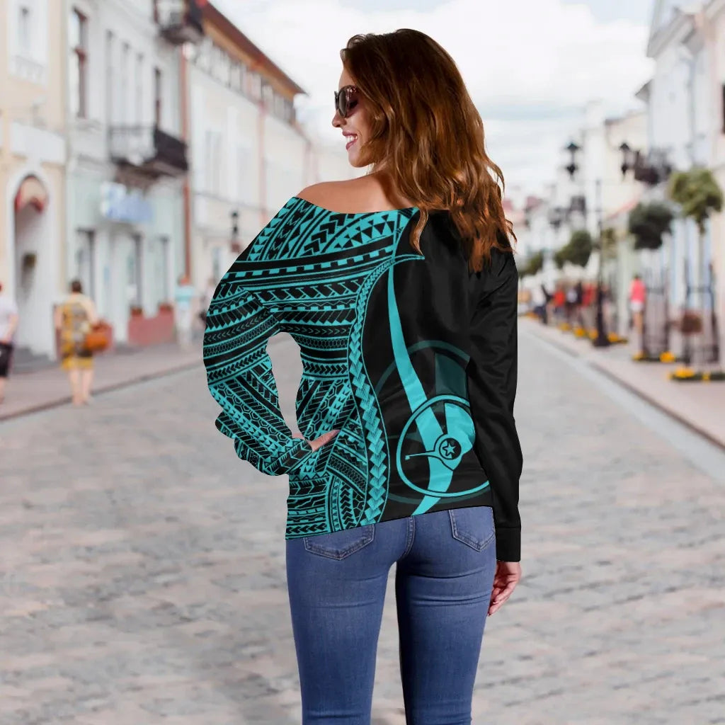 Yap Women Off Shoulder Sweater - Turquoise Polynesian Tentacle Tribal Pattern