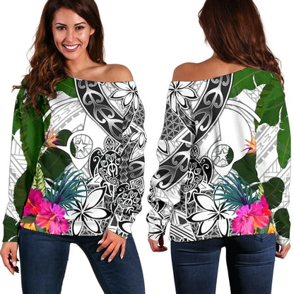 Yap Women Off Shoulder Sweater White - Turtle Plumeria Banana Leaf