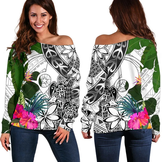 Yap Women Off Shoulder Sweater White - Turtle Plumeria Banana Leaf