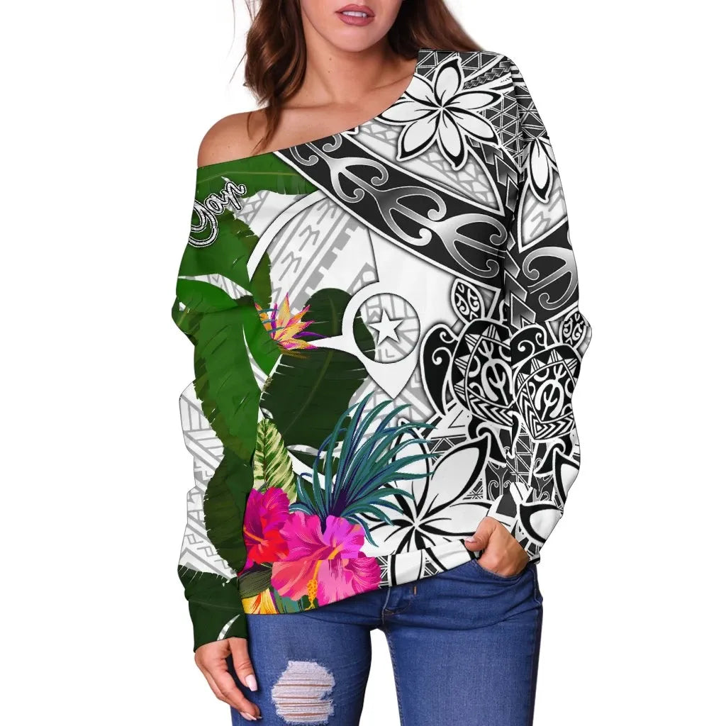 Yap Women Off Shoulder Sweater White - Turtle Plumeria Banana Leaf