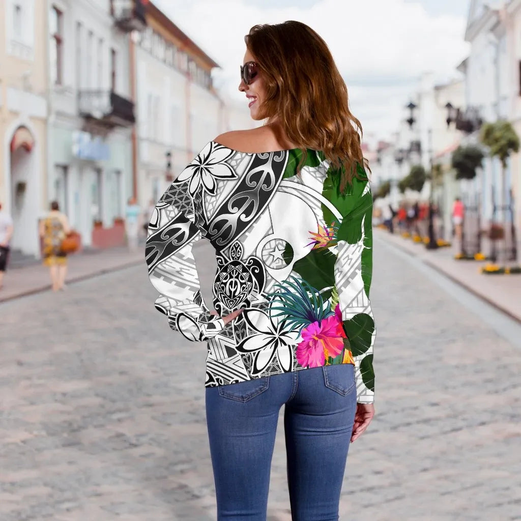 Yap Women Off Shoulder Sweater White - Turtle Plumeria Banana Leaf