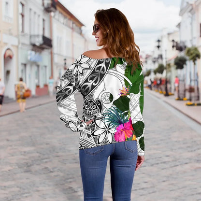 Yap Women Off Shoulder Sweater White - Turtle Plumeria Banana Leaf