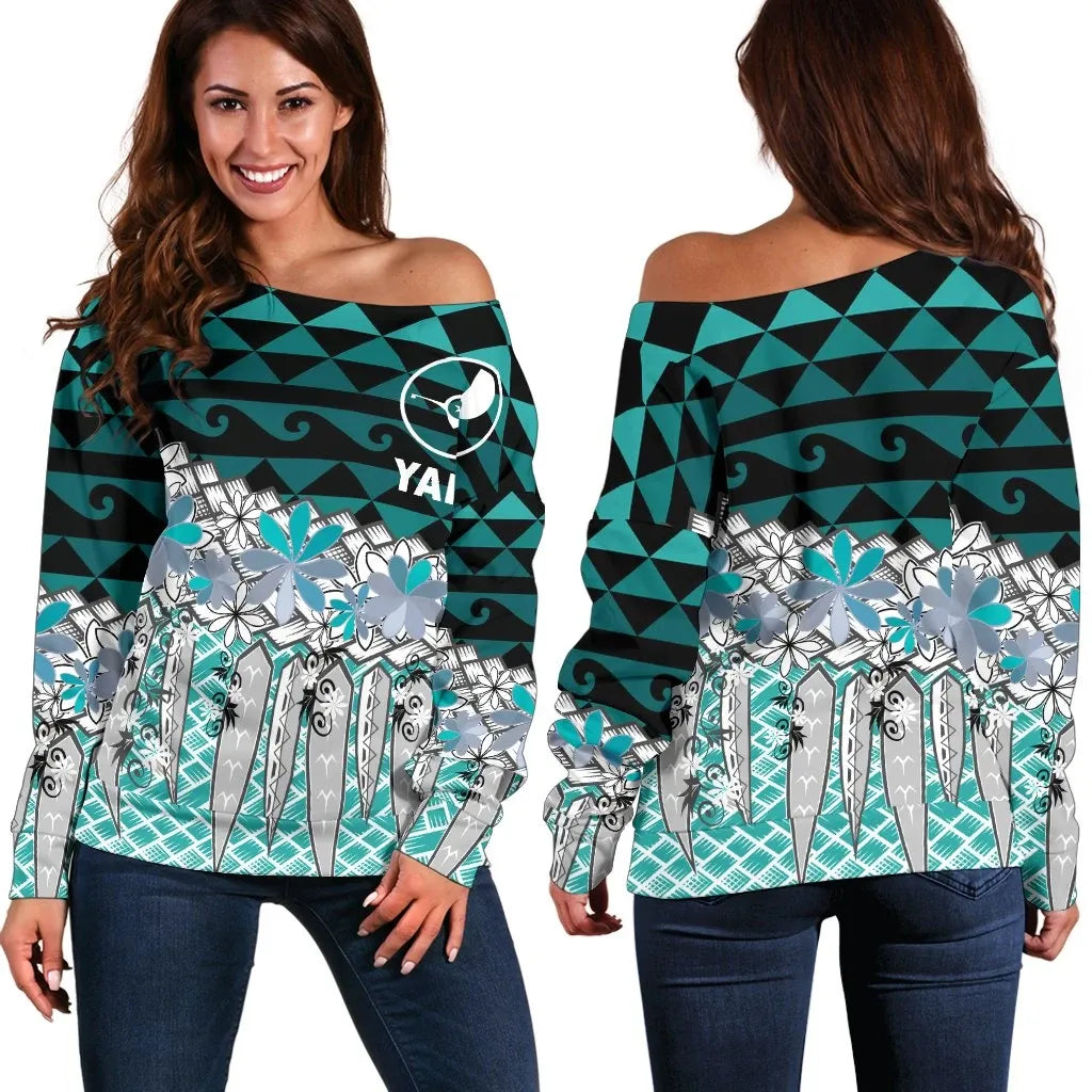 Yap Women Off Shoulder Sweaters - Coconut Leaves Weave Pattern Blue