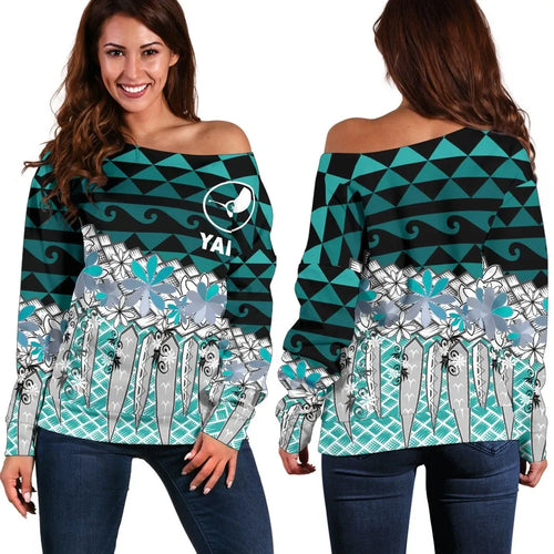 Yap Women Off Shoulder Sweaters - Coconut Leaves Weave Pattern Blue