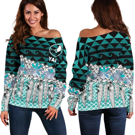 Yap Women Off Shoulder Sweaters - Coconut Leaves Weave Pattern Blue