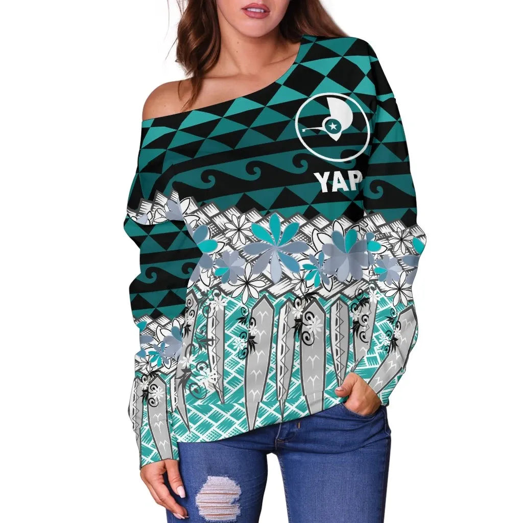 Yap Women Off Shoulder Sweaters - Coconut Leaves Weave Pattern Blue