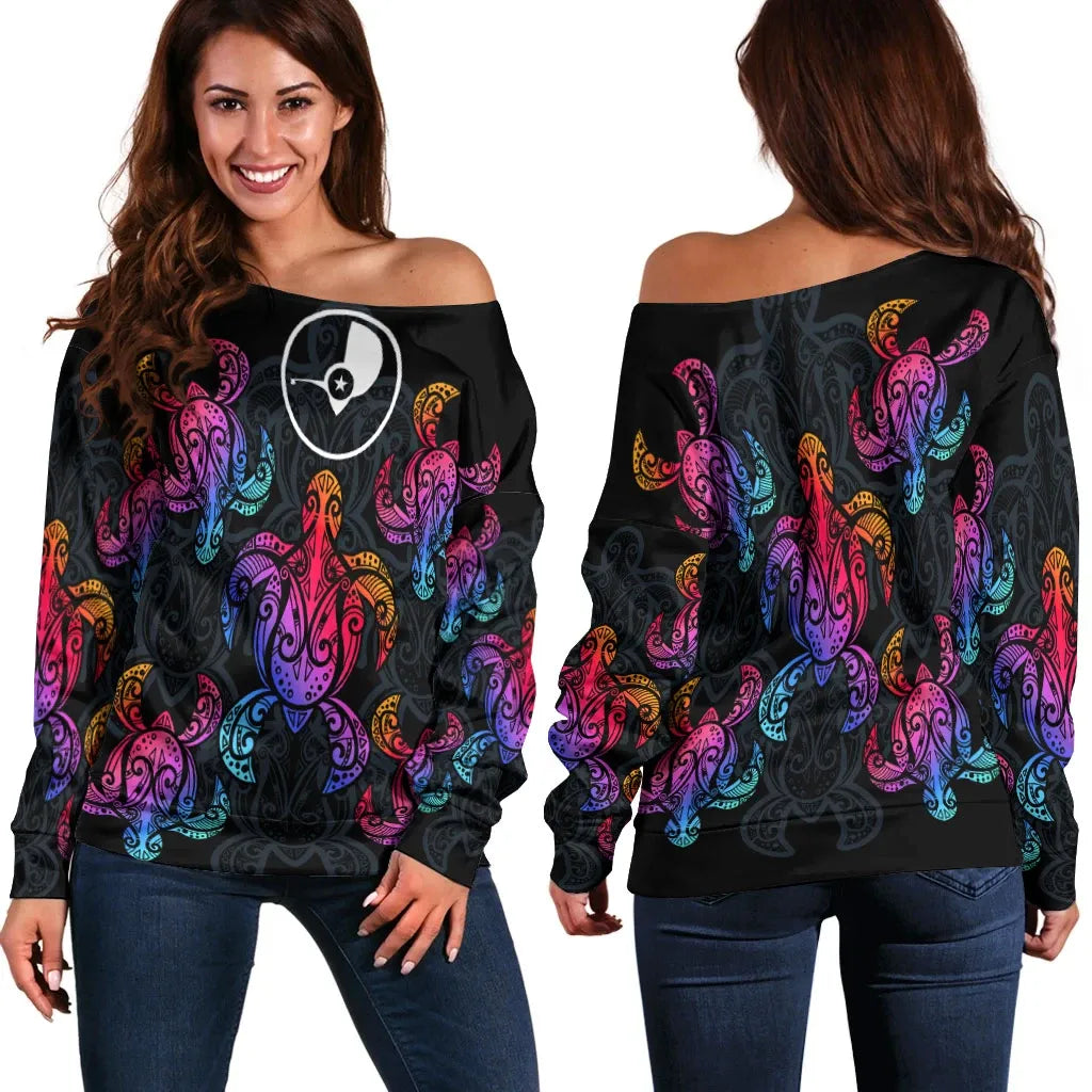 Yap Women Off Shoulder Sweaters - Sea Turtle In Tribal Polynesian Style