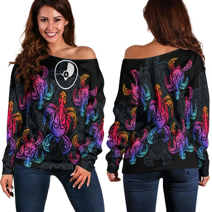 Yap Women Off Shoulder Sweaters - Sea Turtle In Tribal Polynesian Style