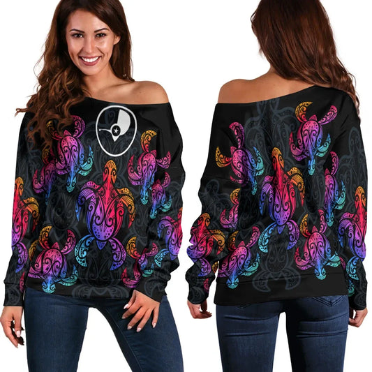 Yap Women Off Shoulder Sweaters - Sea Turtle In Tribal Polynesian Style