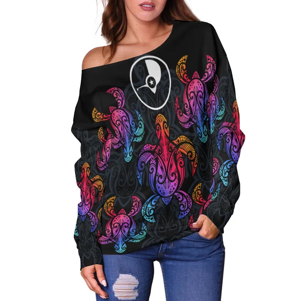 Yap Women Off Shoulder Sweaters - Sea Turtle In Tribal Polynesian Style