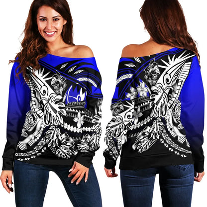 Yap Women Off Shoulder Sweaters - Tribal Jungle Pattern Blue Color